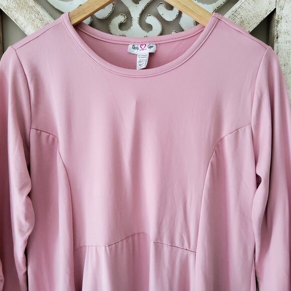 Times Two Maternity Ruched 3/4 Sleeve Pullover Babydoll Tunic Top in Pink - Picture 6 of 9